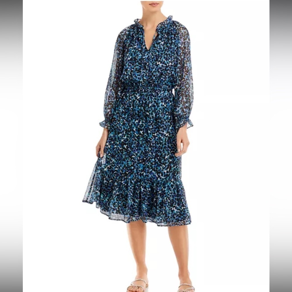 Aqua Blue and‎ Black abstract print Floral Long Sleeve Dress